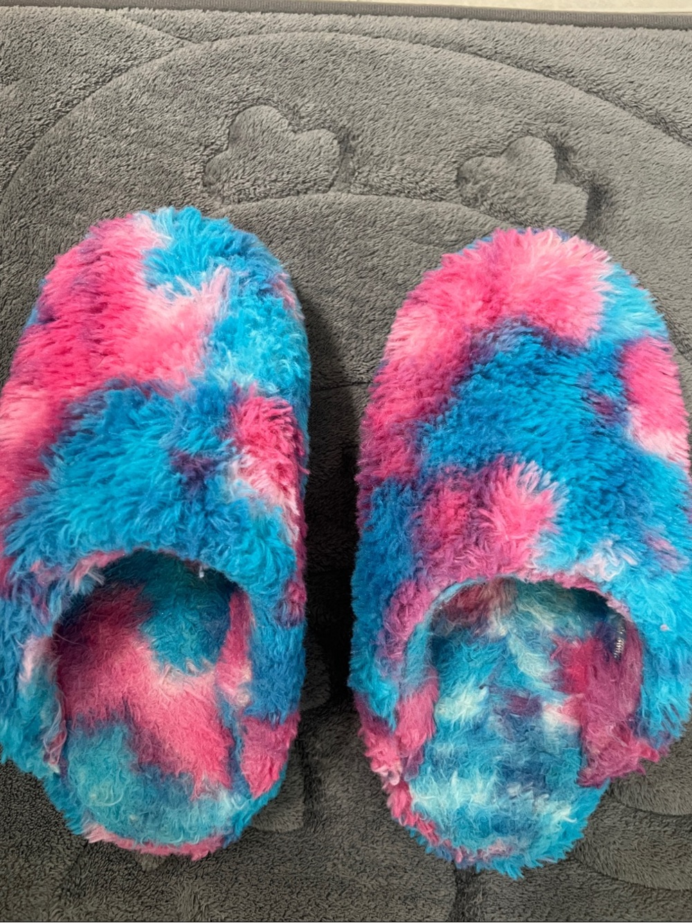Kids Plush Slide Slippers in Blue & Pink Tie-Dye